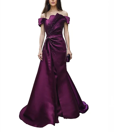 Terani Couture Off-The-Shoulder Ruched Bodice With Beading Mikado Mermaid Gown