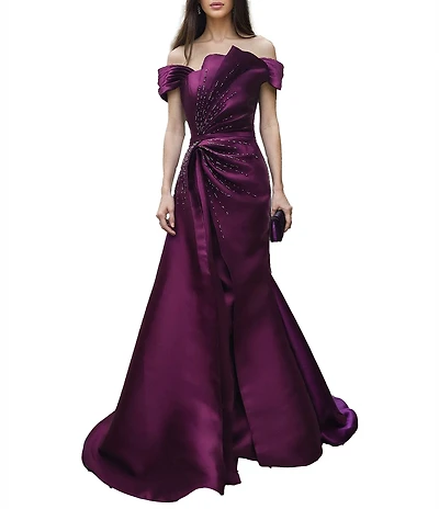 Terani Couture Off-The-Shoulder Ruched Bodice With Beading Mikado Mermaid Gown