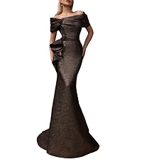 Terani Couture Off-The-Shoulder Ruffle Front Metallic Jacquard Mermaid Gown