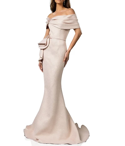 Terani Couture Off-The-Shoulder Ruffle Front Metallic Jacquard Mermaid Gown