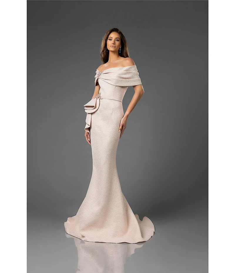 Terani Couture Off-The-Shoulder Ruffle Front Metallic Jacquard Mermaid Gown