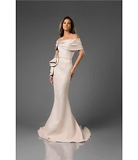 Terani Couture Off-The-Shoulder Ruffle Front Metallic Jacquard Mermaid Gown