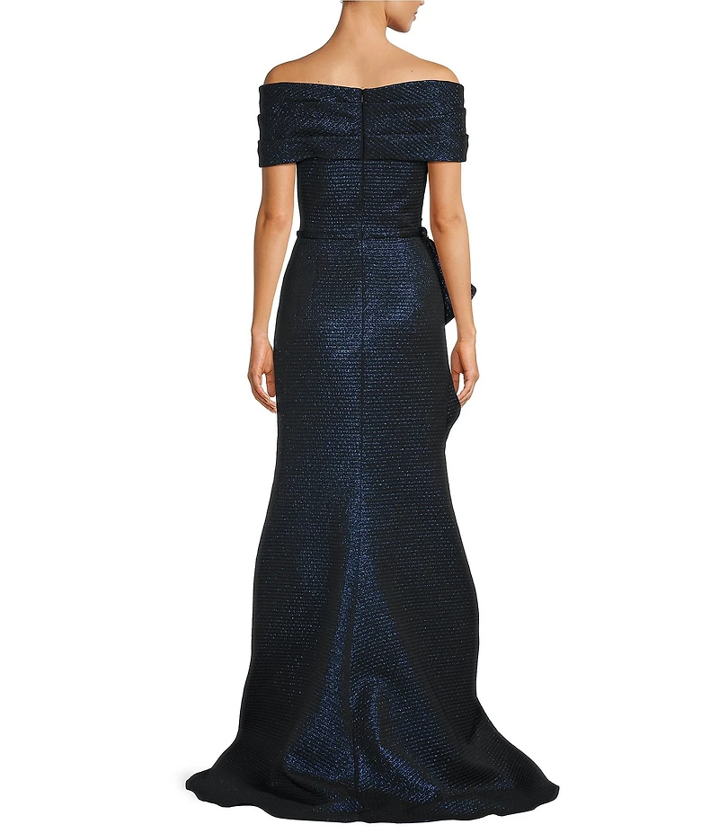 Terani Couture Off-The-Shoulder Ruffle Front Metallic Jacquard Mermaid Gown