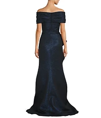 Terani Couture Off-The-Shoulder Ruffle Front Metallic Jacquard Mermaid Gown