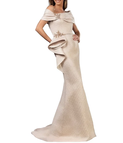 Terani Couture Off-The-Shoulder Ruffle Front Metallic Jacquard Mermaid Gown