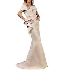 Terani Couture Off-The-Shoulder Ruffle Front Metallic Jacquard Mermaid Gown