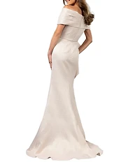 Terani Couture Off-The-Shoulder Ruffle Front Metallic Jacquard Mermaid Gown
