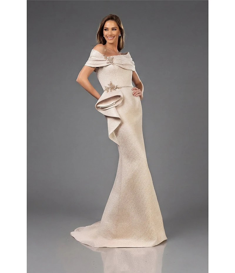 Terani Couture Off-The-Shoulder Ruffle Front Metallic Jacquard Mermaid Gown