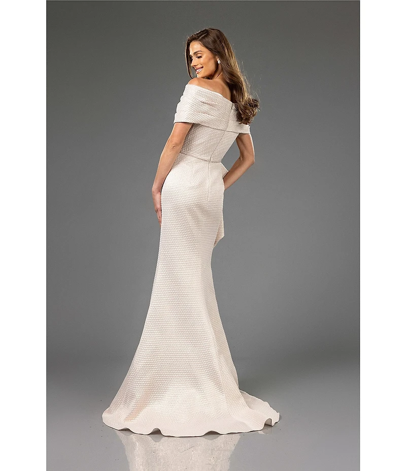 Terani Couture Off-The-Shoulder Ruffle Front Metallic Jacquard Mermaid Gown