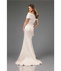 Terani Couture Off-The-Shoulder Ruffle Front Metallic Jacquard Mermaid Gown