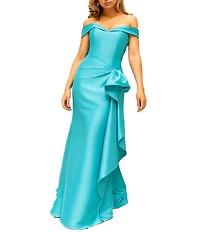 Terani Couture Off-the-Shoulder Ruffle Front Mikado Gown