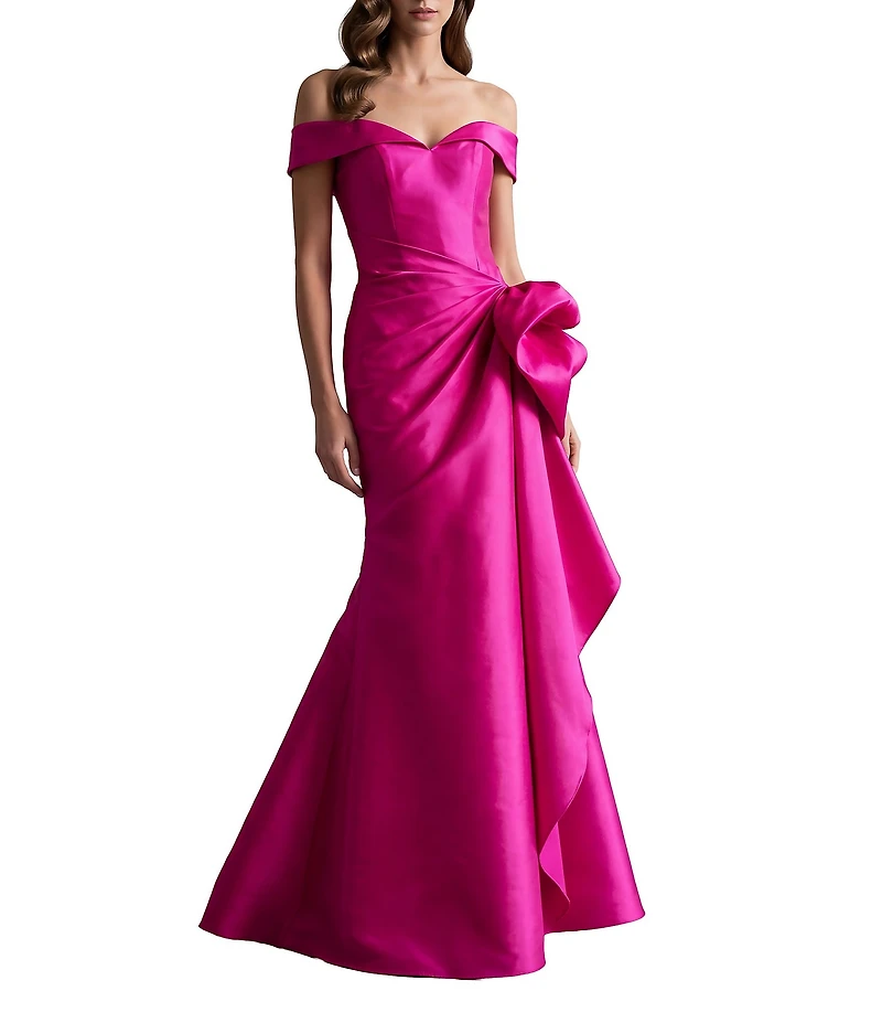 Terani Couture Off-the-Shoulder Ruffle Front Mikado Gown