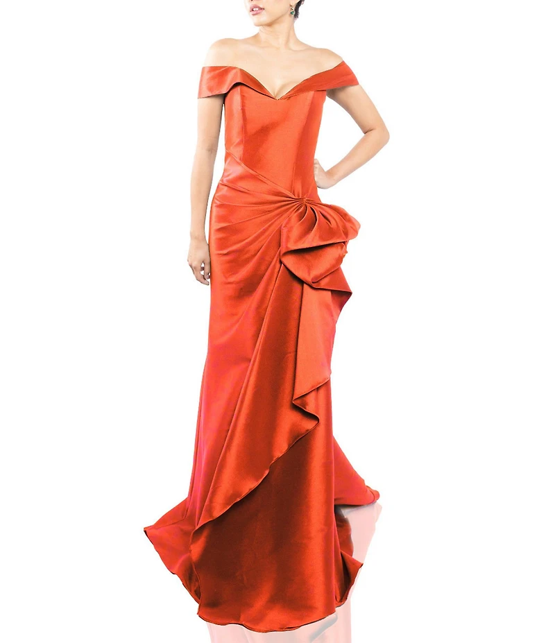 Terani Couture Off-the-Shoulder Ruffle Front Mikado Gown
