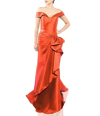 Terani Couture Off-the-Shoulder Ruffle Front Mikado Gown