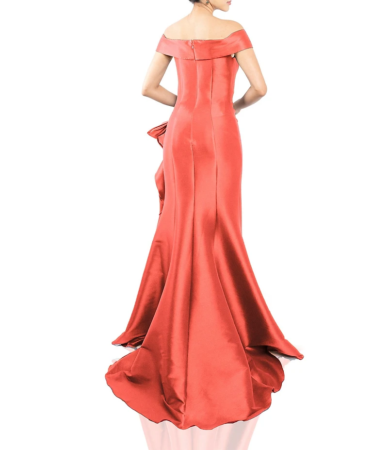 Terani Couture Off-the-Shoulder Ruffle Front Mikado Gown