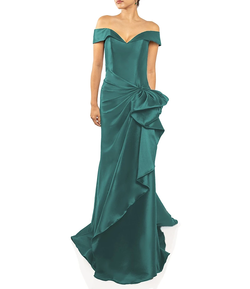 Terani Couture Off-the-Shoulder Ruffle Front Mikado Gown