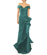 Terani Couture Off-the-Shoulder Ruffle Front Mikado Gown