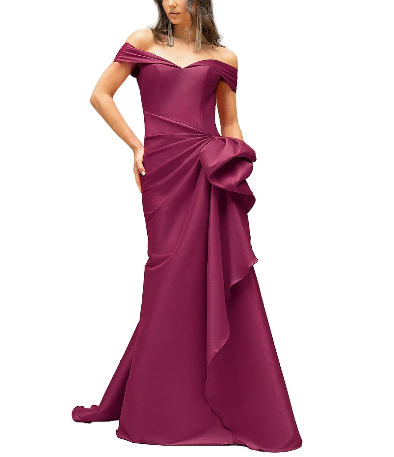 Terani Couture Off-the-Shoulder Ruffle Front Mikado Gown