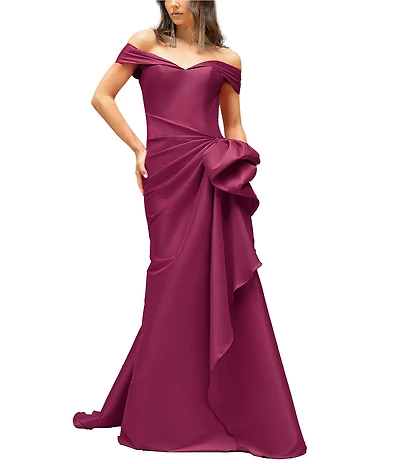 Terani Couture Off-the-Shoulder Ruffle Front Mikado Gown