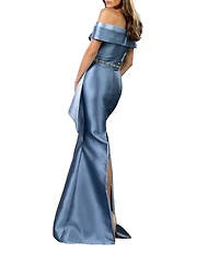 Terani Couture Off-The-Shoulder Ruffle Front Mikado Sheath Gown