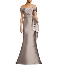 Terani Couture Off-The-Shoulder Ruffle Front Mikado Sheath Gown