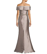 Terani Couture Off-The-Shoulder Ruffle Front Mikado Sheath Gown