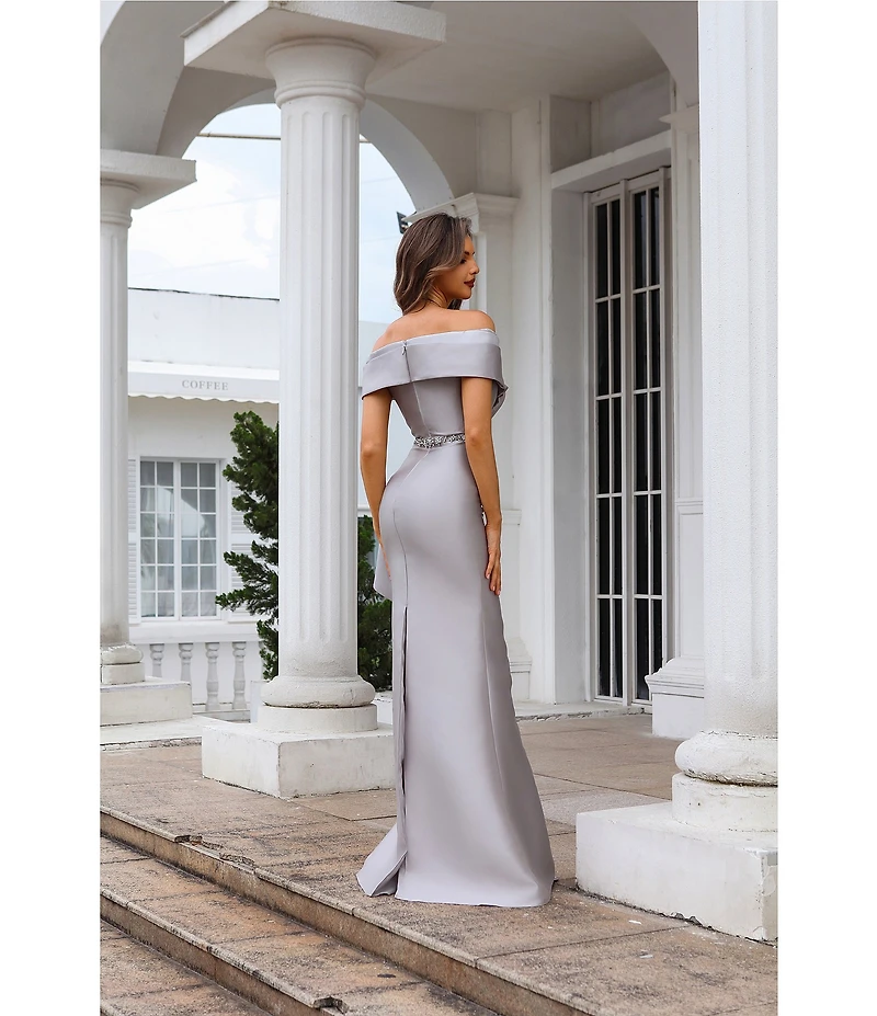 Terani Couture Off-The-Shoulder Ruffle Front Mikado Sheath Gown