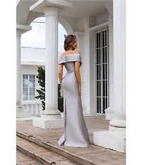Terani Couture Off-The-Shoulder Ruffle Front Mikado Sheath Gown