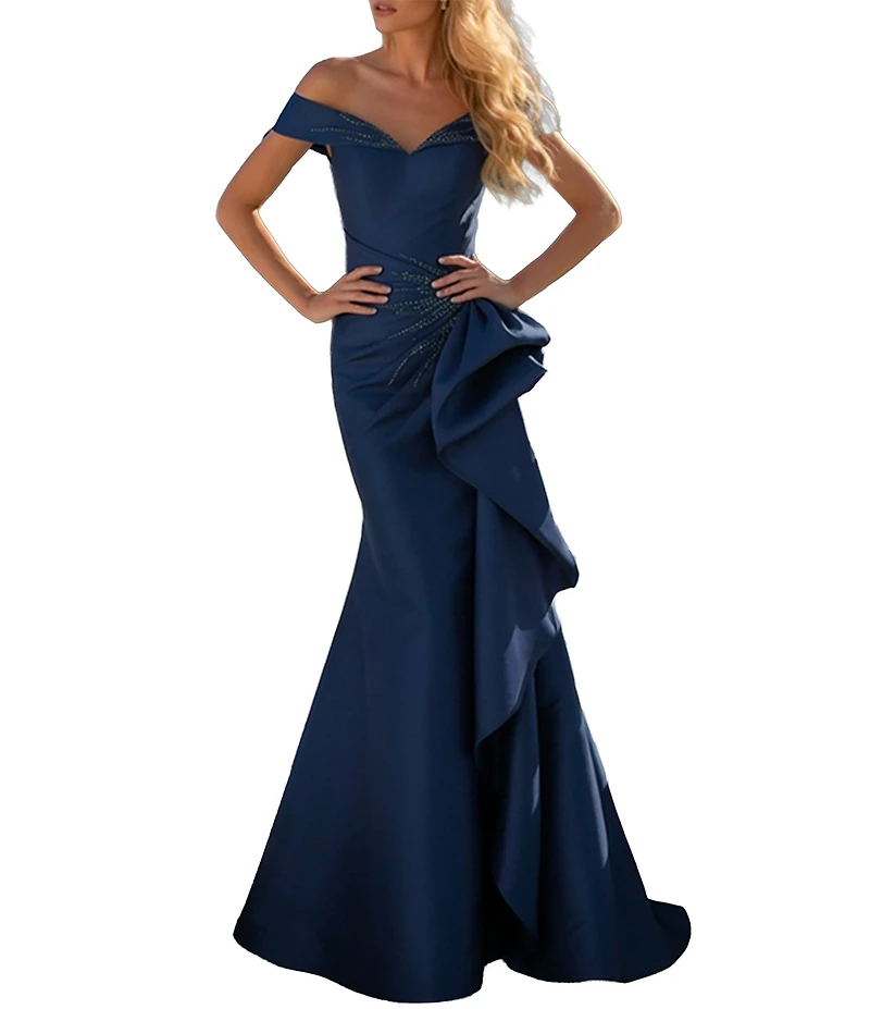 Terani Couture Off-The-Shoulder Ruffle Mikado Mermaid Gown