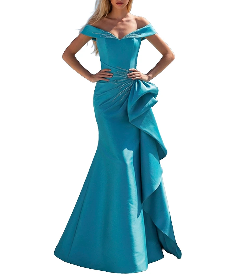 Terani Couture Off-The-Shoulder Ruffle Mikado Mermaid Gown
