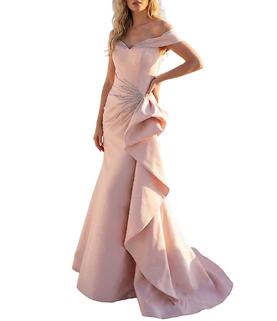 Terani Couture Off-The-Shoulder Ruffle Mikado Mermaid Gown