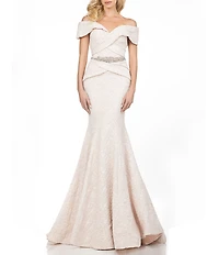 Terani Couture Off-the-Shoulder Short Sleeve Brocade Embellished Belt Mermaid Gown