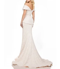 Terani Couture Off-the-Shoulder Short Sleeve Brocade Embellished Belt Mermaid Gown