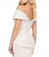 Terani Couture Off-the-Shoulder Short Sleeve Brocade Embellished Belt Mermaid Gown