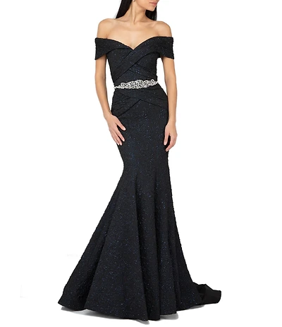 Terani Couture Off-the-Shoulder Short Sleeve Brocade Embellished Belt Mermaid Gown