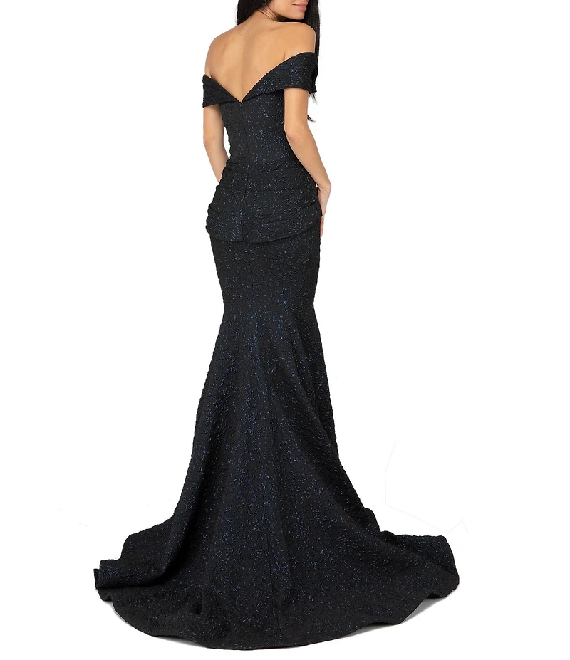 Terani Couture Off-the-Shoulder Short Sleeve Brocade Embellished Belt Mermaid Gown