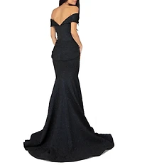 Terani Couture Off-the-Shoulder Short Sleeve Brocade Embellished Belt Mermaid Gown