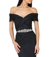 Terani Couture Off-the-Shoulder Short Sleeve Brocade Embellished Belt Mermaid Gown