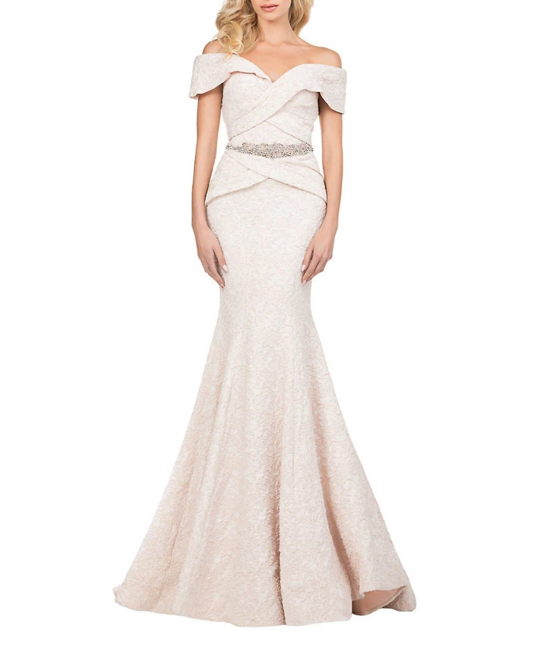 Terani Couture Off-the-Shoulder Short Sleeve Brocade Embellished Belt Mermaid Gown