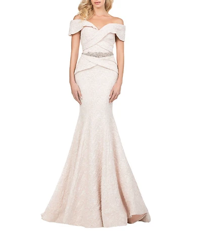 Terani Couture Off-the-Shoulder Short Sleeve Brocade Embellished Belt Mermaid Gown