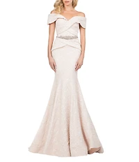 Terani Couture Off-the-Shoulder Short Sleeve Brocade Embellished Belt Mermaid Gown