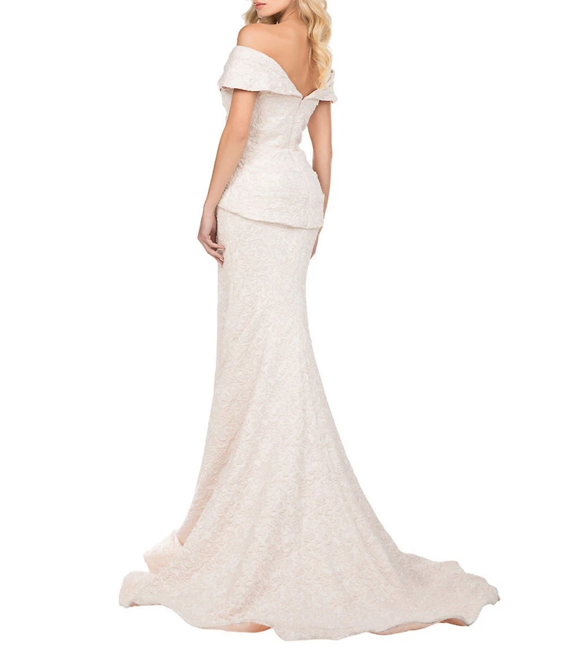 Terani Couture Off-the-Shoulder Short Sleeve Brocade Embellished Belt Mermaid Gown