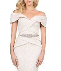Terani Couture Off-the-Shoulder Short Sleeve Brocade Embellished Belt Mermaid Gown