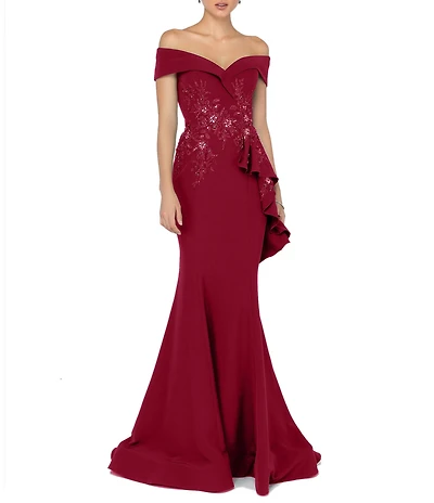 Terani Couture Off-the-Shoulder Short Sleeve Peplum Beaded Applique Mermaid Gown