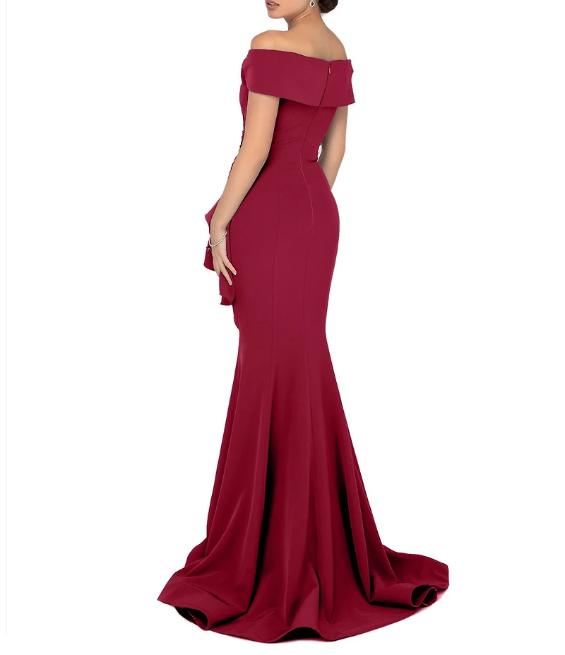 Terani Couture Off-the-Shoulder Short Sleeve Peplum Beaded Applique Mermaid Gown