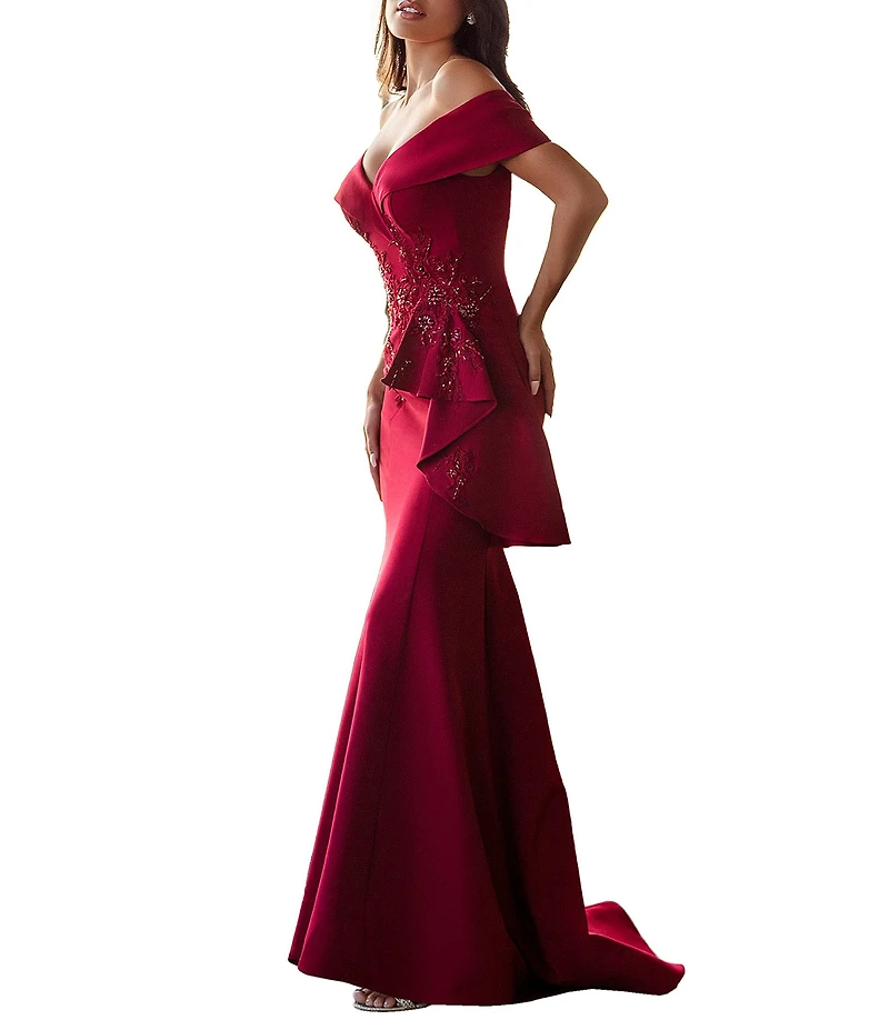 Terani Couture Off-the-Shoulder Short Sleeve Peplum Beaded Applique Mermaid Gown