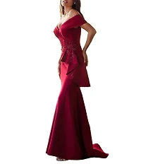 Terani Couture Off-the-Shoulder Short Sleeve Peplum Beaded Applique Mermaid Gown