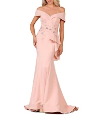 Terani Couture Off-the-Shoulder Short Sleeve Peplum Beaded Applique Mermaid Gown