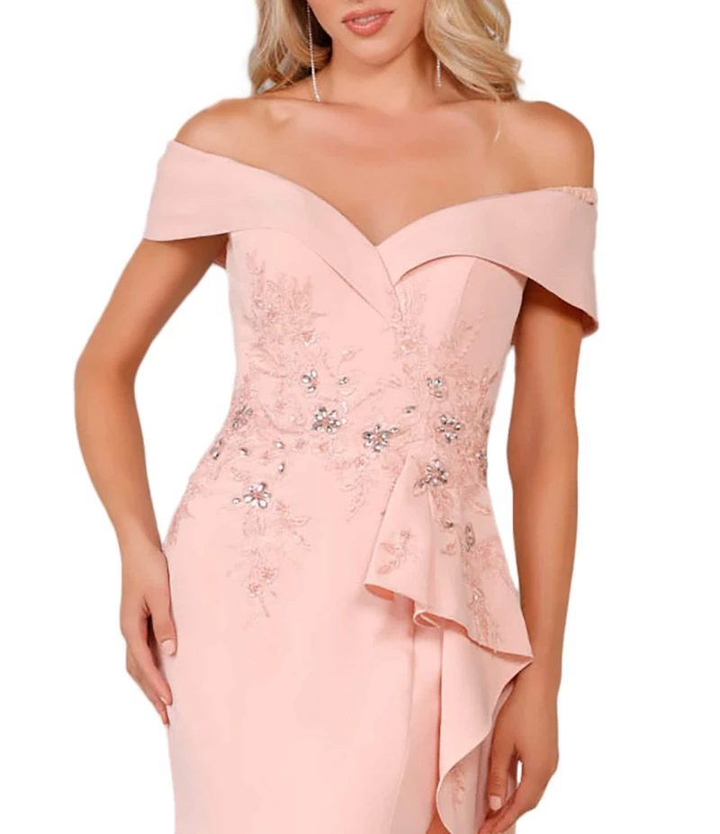 Terani Couture Off-the-Shoulder Short Sleeve Peplum Beaded Applique Mermaid Gown