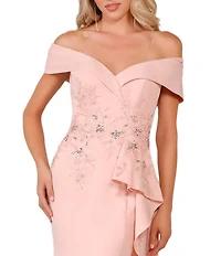 Terani Couture Off-the-Shoulder Short Sleeve Peplum Beaded Applique Mermaid Gown